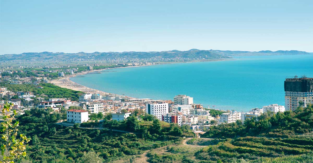 Scenic view of Durres city, coastline, and surrounding hills