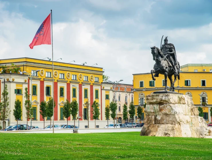 Skanderbeg Square in Tirana, Albania, featuring the statue of Skanderbeg and surrounding historic buildings