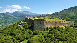 Lezhe castle and mountain landscape, scenic route to Koman Lake