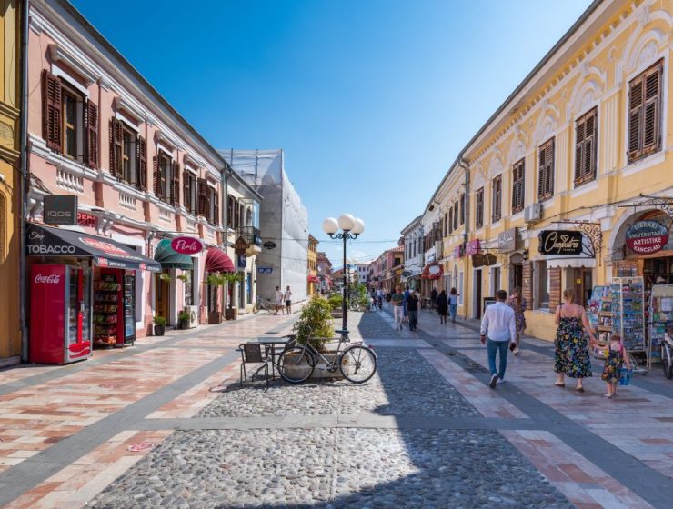 Shkoder Pedestrian Street in North Albania, bustling with shops, cafes, and local life, starting point for North Albania boat tours to Shala River