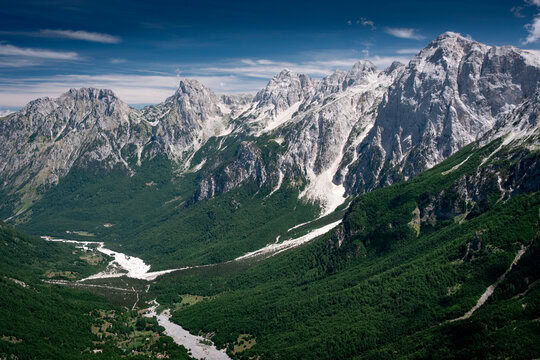Valbona valley Albania aerial view with river winding through mountains Albanian Alps northern Albania