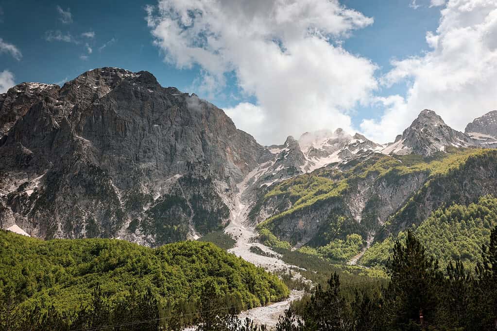 Valbona valley Albania limestone alpine peaks forest river valley northern Albanian Alps