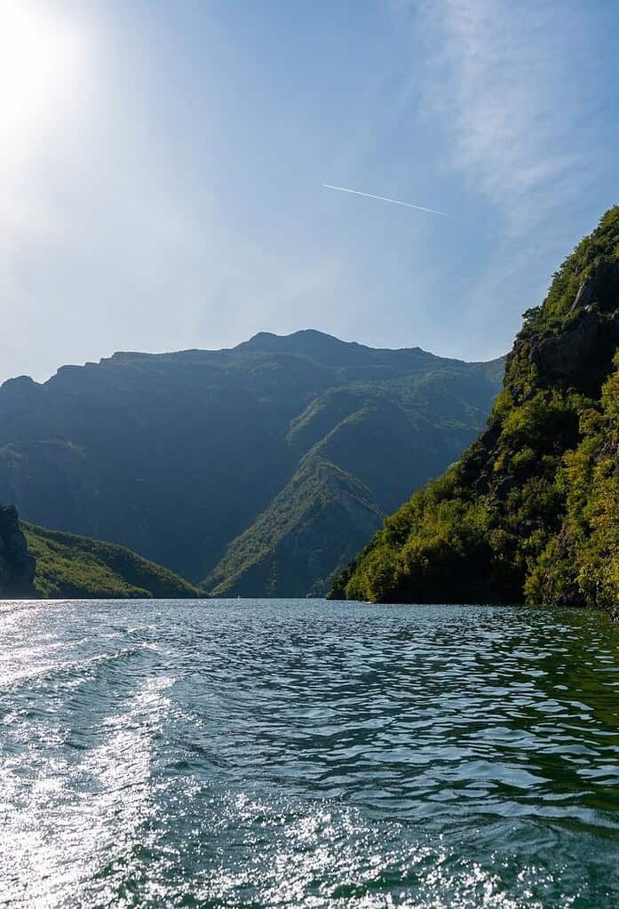 Boat wake on sparkling Komani Lake with forested mountain canyon and blue sky, northern Albania boat tour