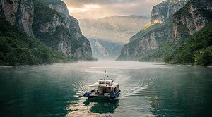 Ferry boat crossing misty Komani Lake canyon at sunriseas a day trip from Tirana