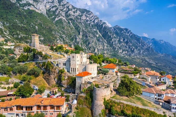 Aerial view of Kruja Castle and Skanderbeg Museum with mountains behind, Albania