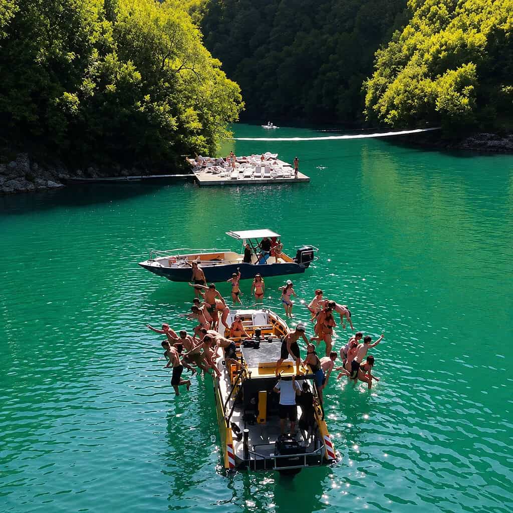 Travelers jumping off boats into Komani Lake during a swim stop, Albania