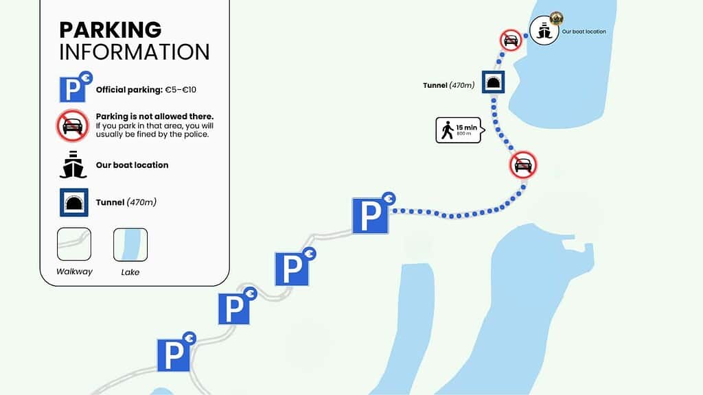 Map showing parking areas, tunnel, walking route and North Albania Boat location at Komani Lake for Shala River tours