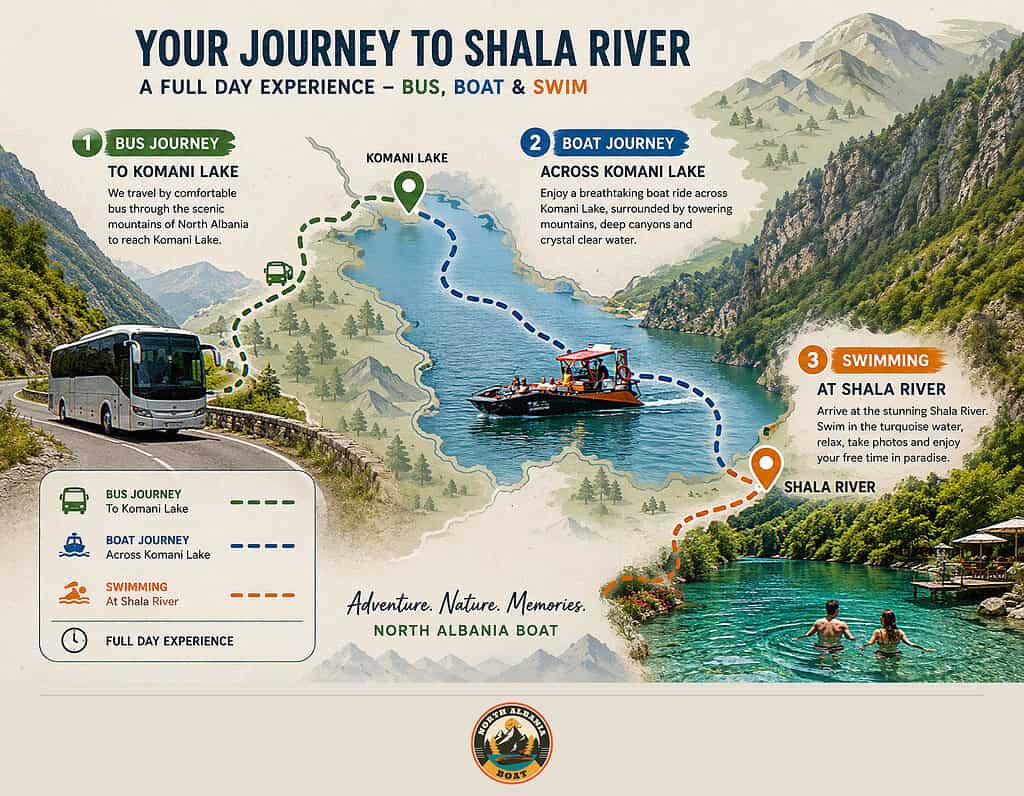 Illustrated route showing the Shala River itinerary with bus and boat journey across Komani Lake